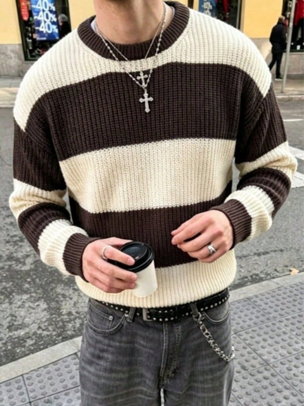 Brown Casual Modern Men's Colorblock Striped Crew Neck Pullover Sweater